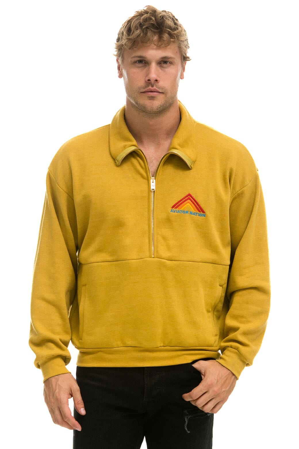 Aviator Nation MOUNTAIN EMBROIDERY HALF ZIP SWEATSHIRT - KHAKI