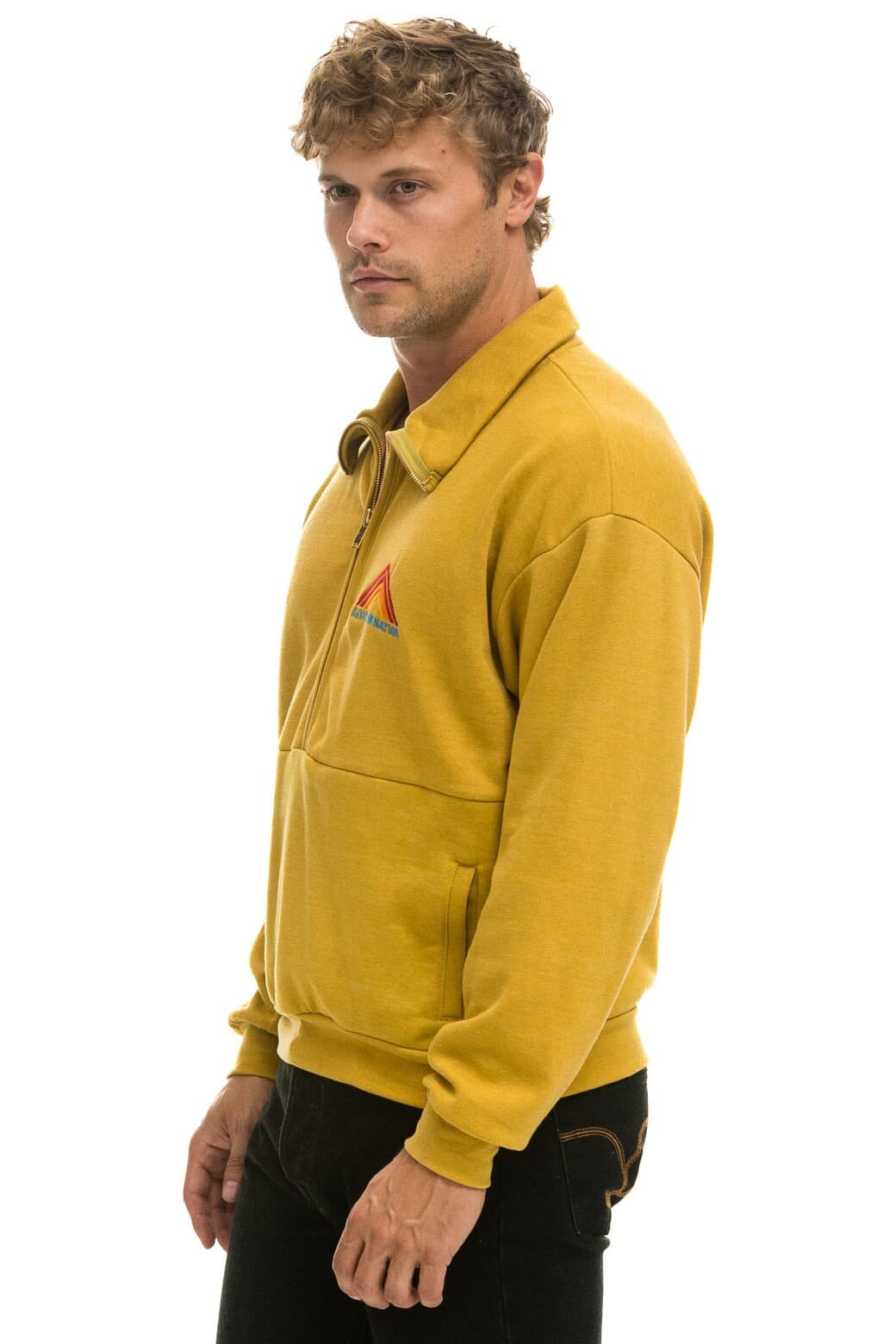 Aviator Nation MOUNTAIN EMBROIDERY HALF ZIP SWEATSHIRT - KHAKI