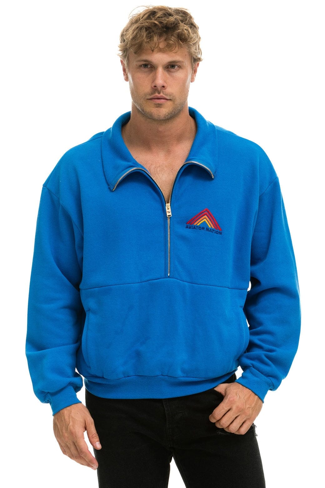 Aviator Nation MOUNTAIN EMBROIDERY HALF ZIP SWEATSHIRT - OCEAN
