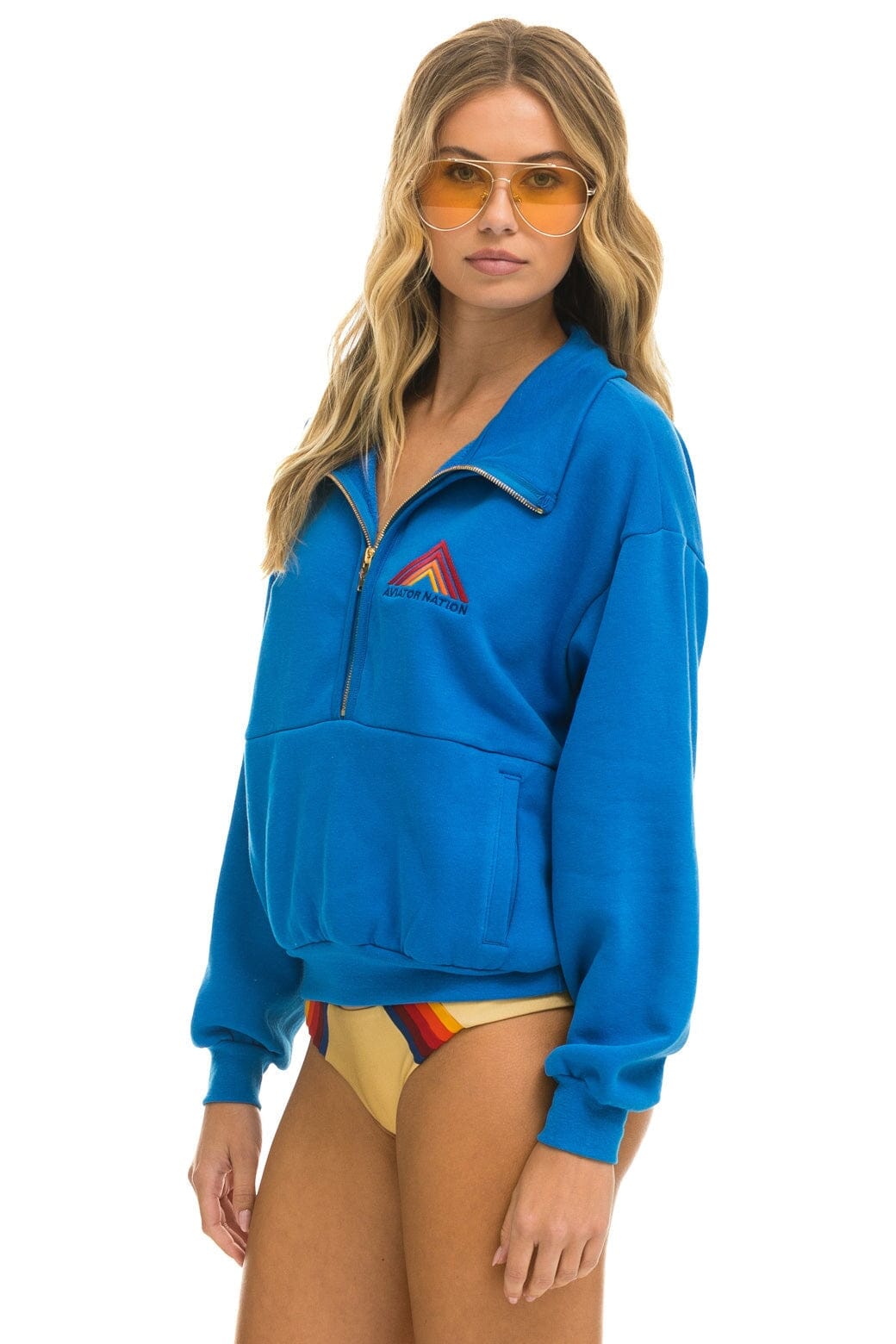 Aviator Nation MOUNTAIN EMBROIDERY HALF ZIP SWEATSHIRT - OCEAN