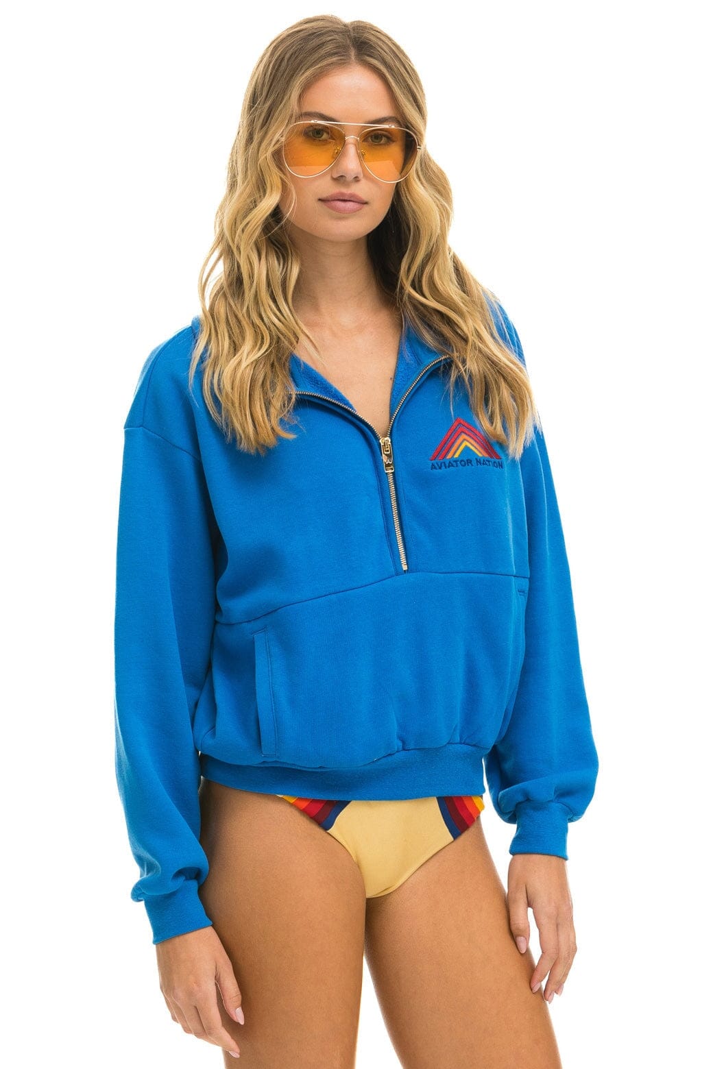 Aviator Nation MOUNTAIN EMBROIDERY HALF ZIP SWEATSHIRT - OCEAN
