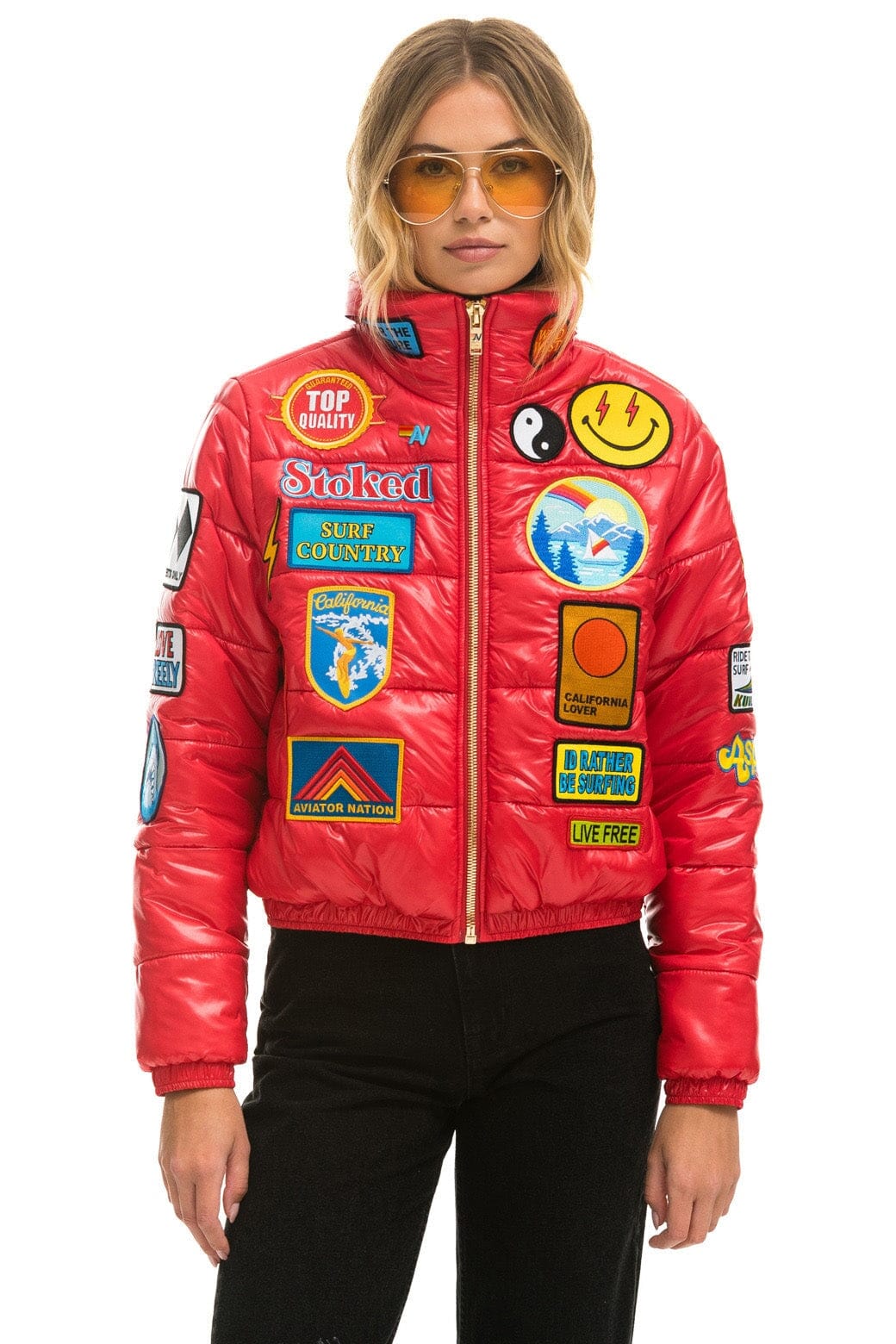 Aviator Nation VINTAGE PATCH APRES PUFFER JACKET - CHERRY GLOSSY