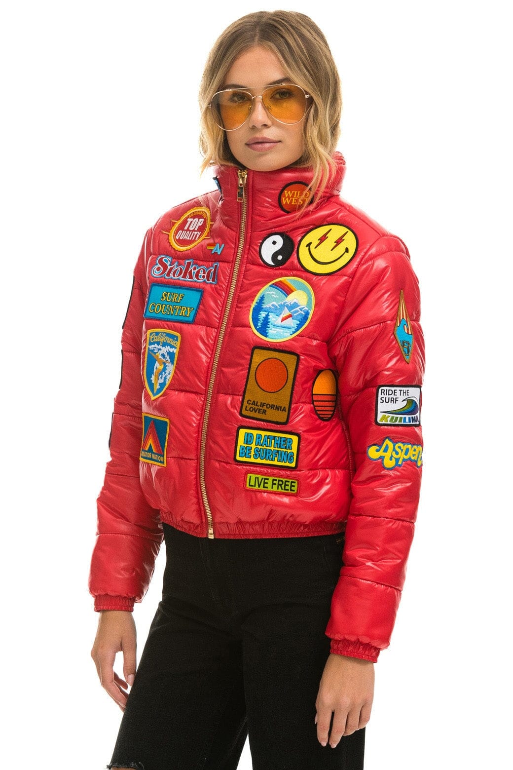 Aviator Nation VINTAGE PATCH APRES PUFFER JACKET - CHERRY GLOSSY