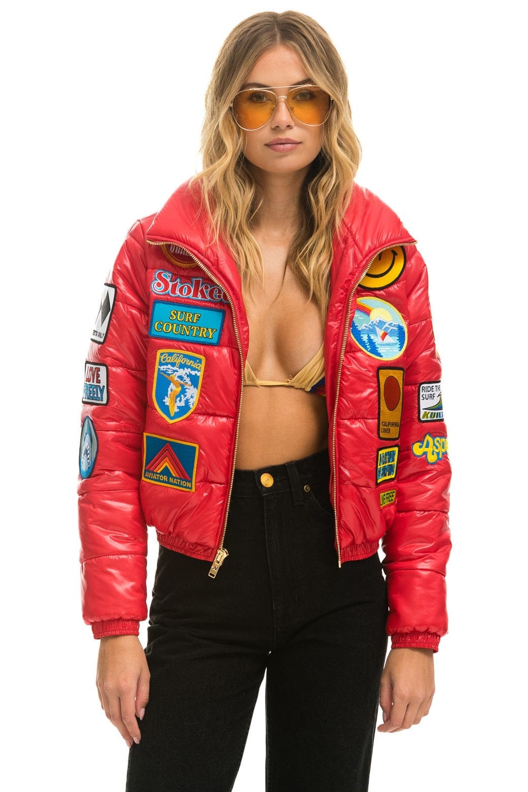Aviator Nation VINTAGE PATCH APRES PUFFER JACKET - CHERRY GLOSSY