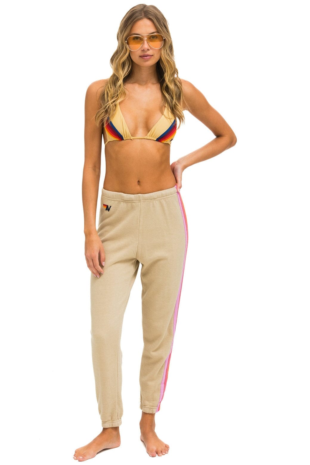 Aviator Nation 5 STRIPE SWEATPANTS - SAND // PINK // GREEN