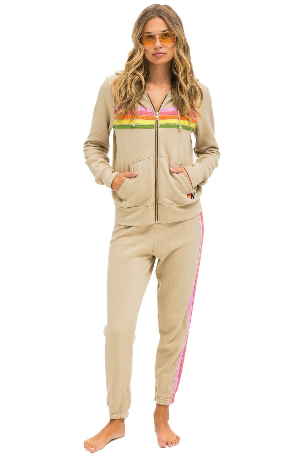 Aviator Nation 5 STRIPE SWEATPANTS - SAND // PINK // GREEN