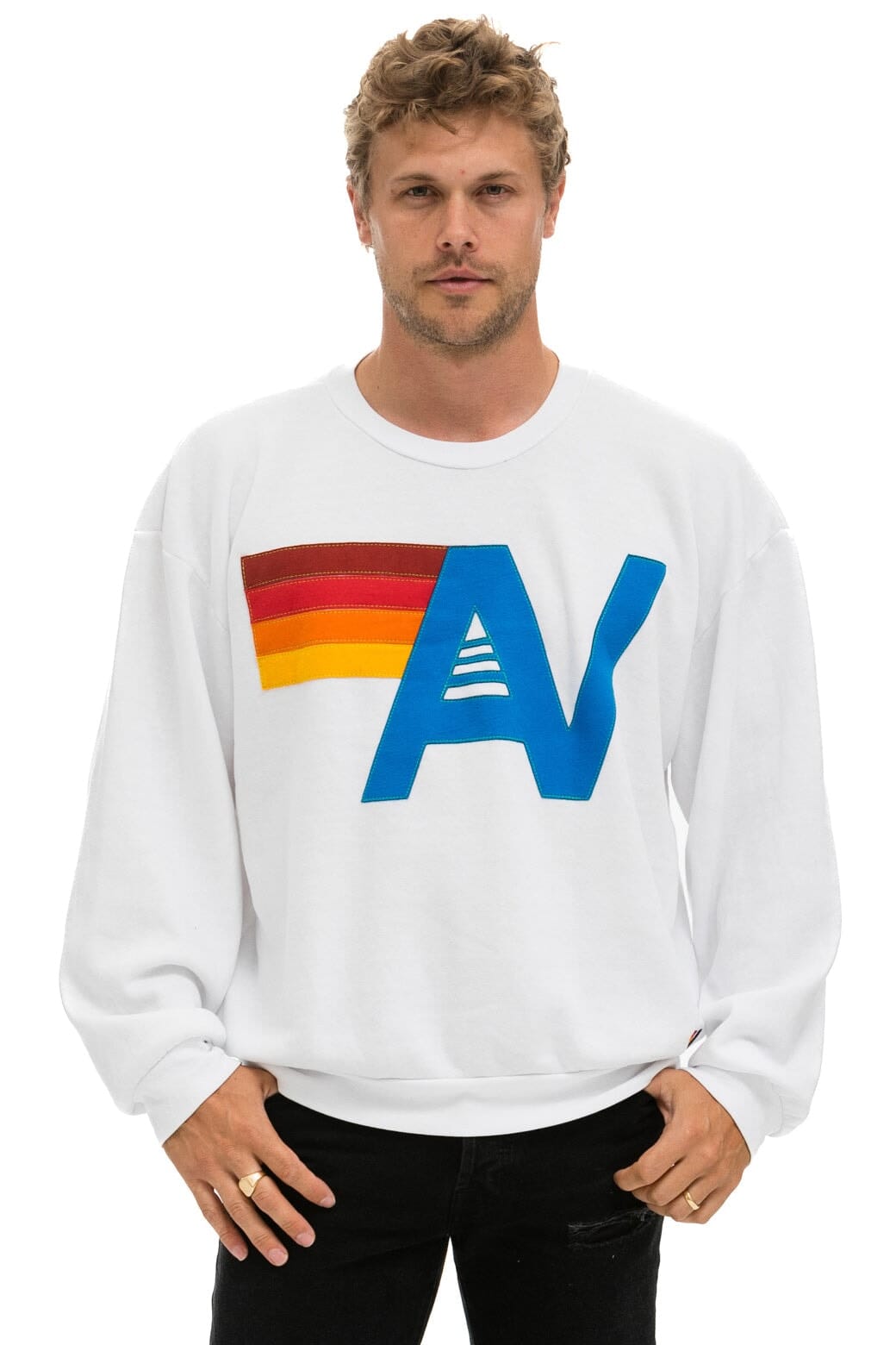 Aviator Nation LOGO STITCH RELAXED CREW SWEATSHIRT - WHITE