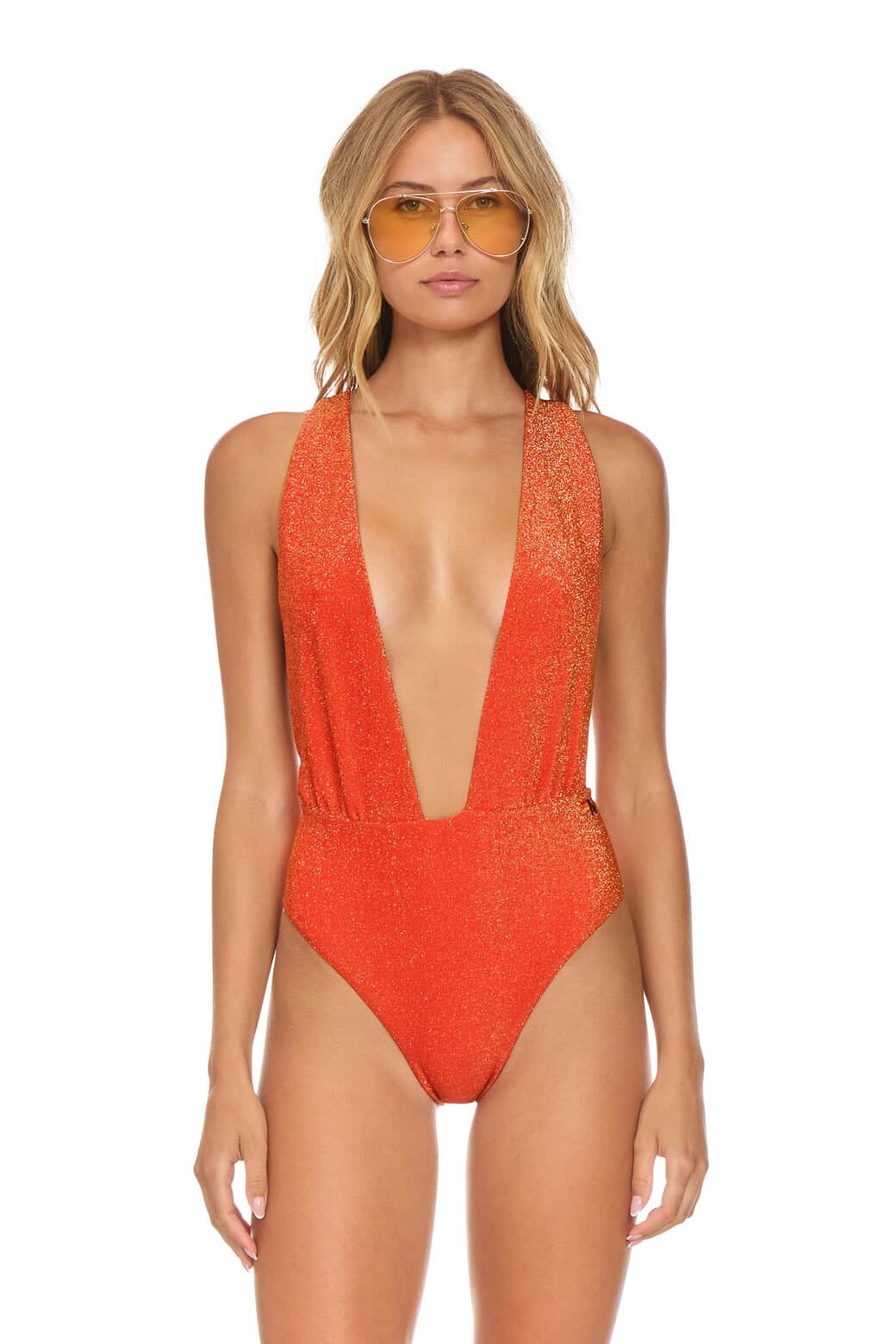 Aviator Nation SPARKLE COMO DEEP PLUNGE CROSS BACK WOMENS ONE PIECE - HOT CORAL