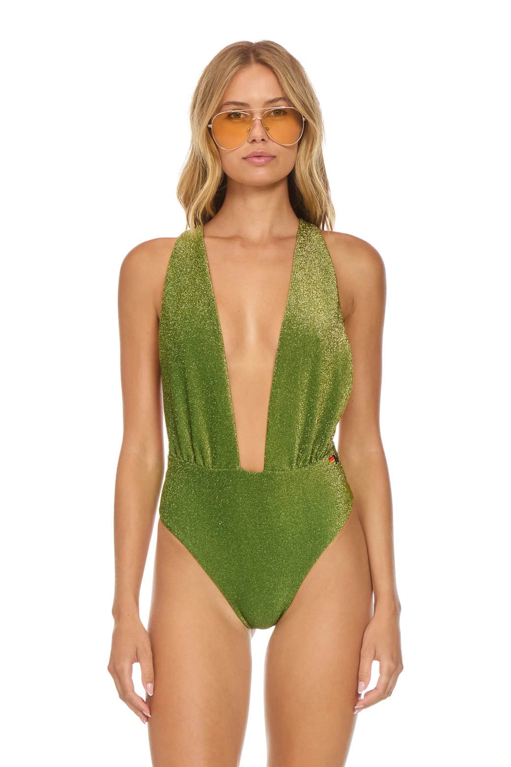 Aviator Nation SPARKLE COMO DEEP PLUNGE CROSS BACK WOMENS ONE PIECE - ARMY