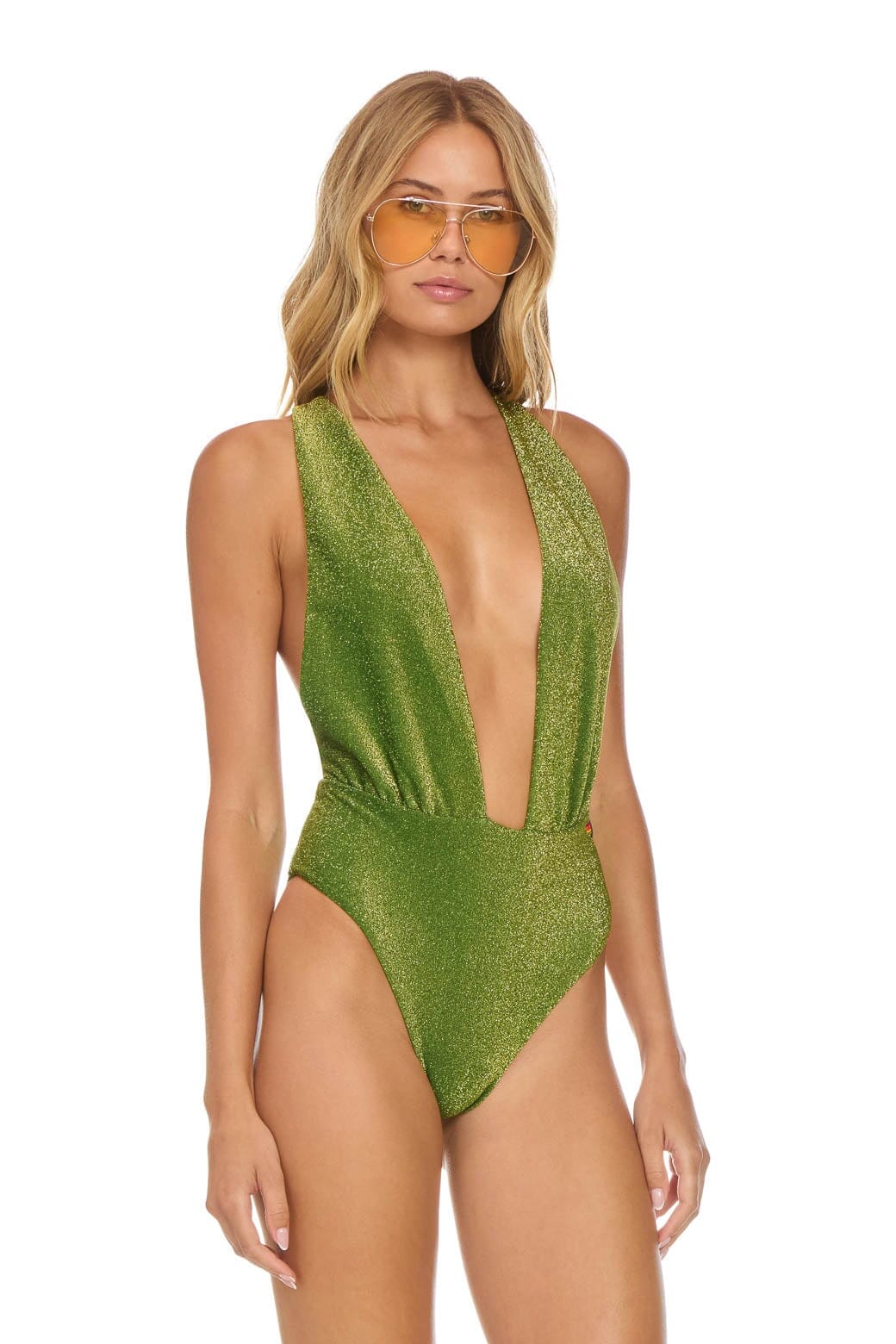 Aviator Nation SPARKLE COMO DEEP PLUNGE CROSS BACK WOMENS ONE PIECE - ARMY