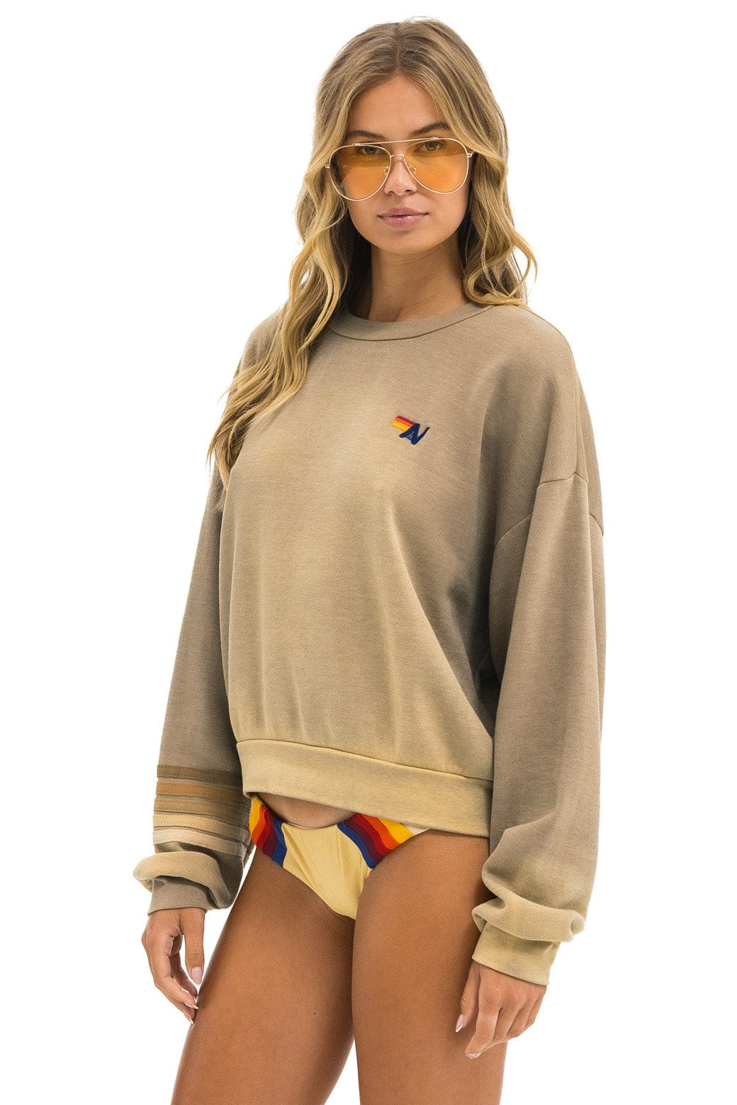 Aviator Nation RUGBY STITCH RELAXED CREW SWEATSHIRT - FADED TAN