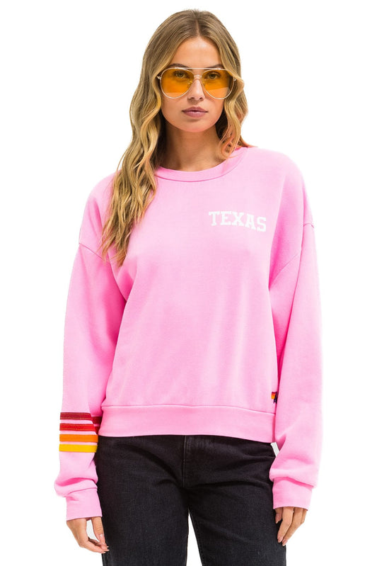 Aviator Nation UNIVERSITY OF TEXAS RUGBY STITCH CREW SWEATSHIRT RELAXED - NEON PINK
