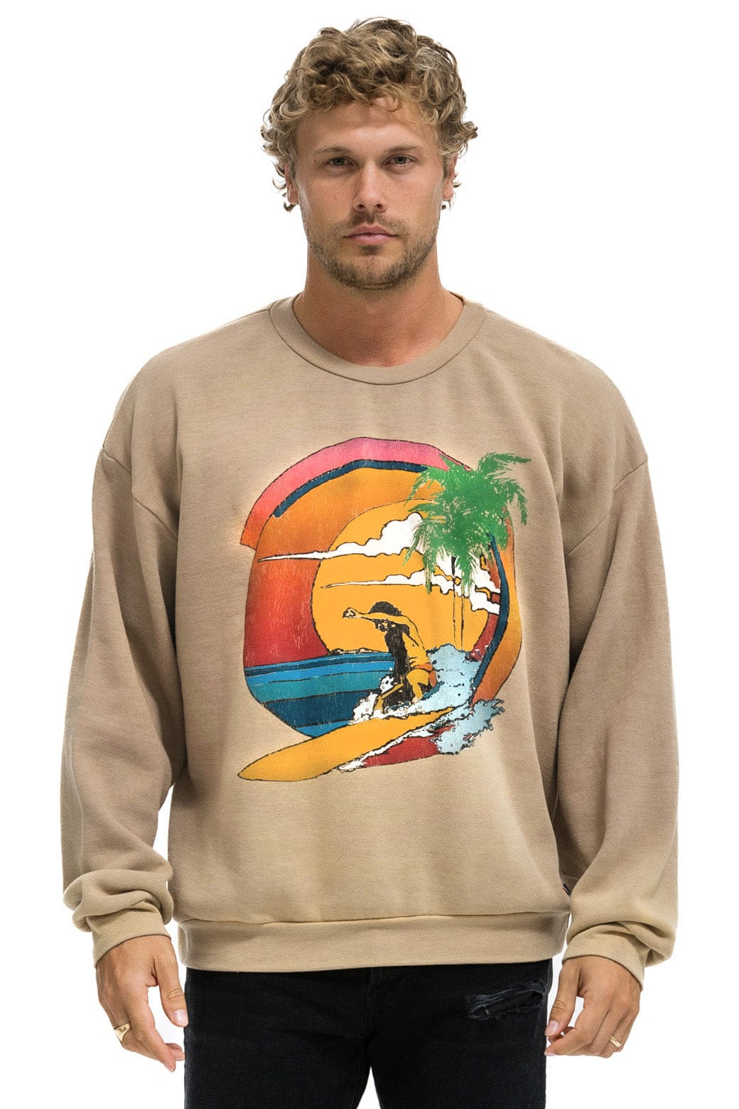 Aviator Nation TROPICAL SURF RELAXED CREW SWEATSHIRT - FADED TAN