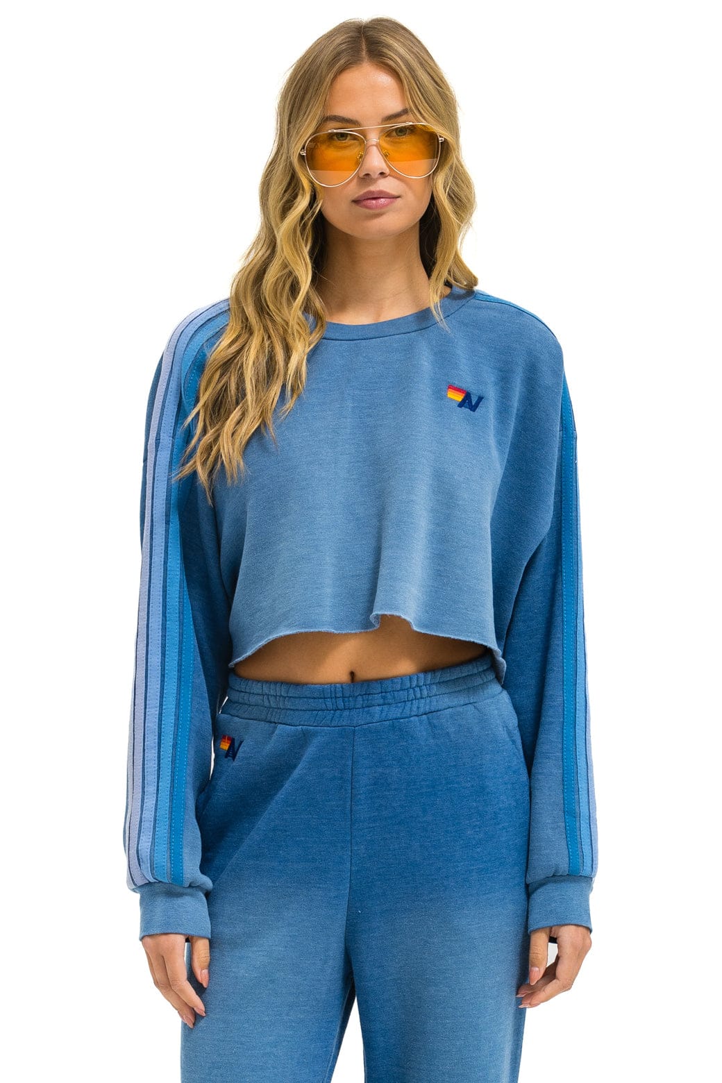 Aviator Nation CLASSIC STRIPE CROPPED CREW SWEATSHIRT RELAXED - FADED WATER