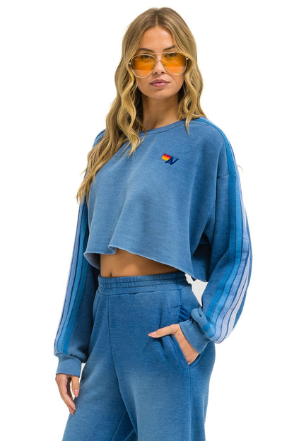 Aviator Nation CLASSIC STRIPE CROPPED CREW SWEATSHIRT RELAXED - FADED WATER