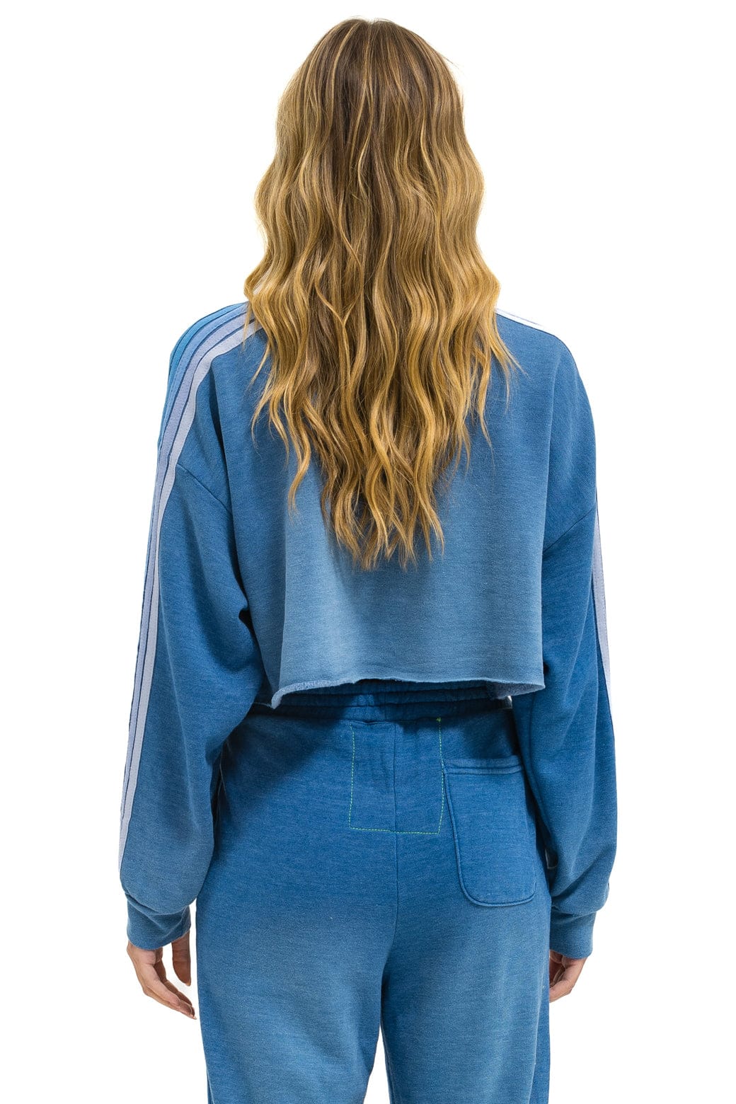 Aviator Nation CLASSIC STRIPE CROPPED CREW SWEATSHIRT RELAXED - FADED WATER