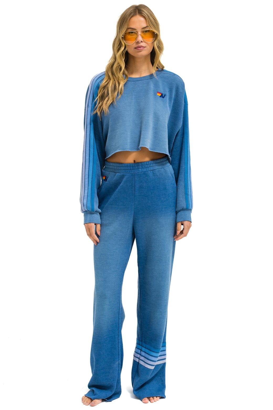 Aviator Nation CLASSIC STRIPE CROPPED CREW SWEATSHIRT RELAXED - FADED WATER