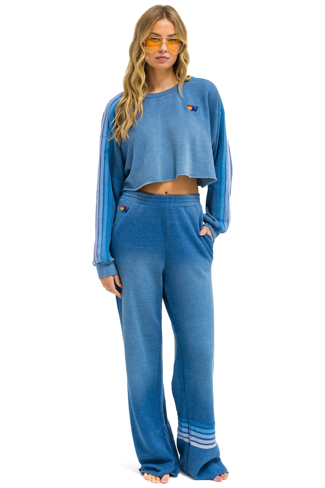 Aviator Nation CLASSIC STRIPE CROPPED CREW SWEATSHIRT RELAXED - FADED WATER