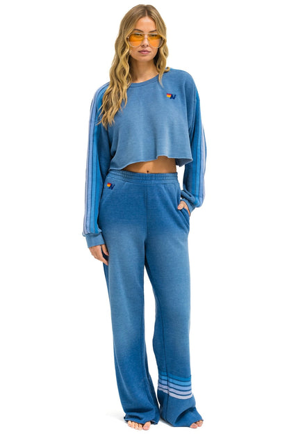Aviator Nation CLASSIC STRIPE CROPPED CREW SWEATSHIRT RELAXED - FADED WATER