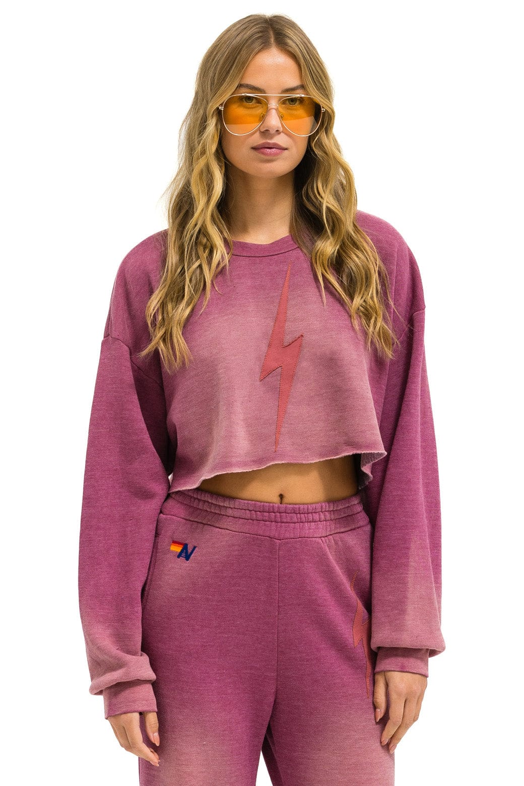 Aviator Nation BOLT STITCH CROPPED CREW SWEATSHIRT RELAXED - FADED BERRY