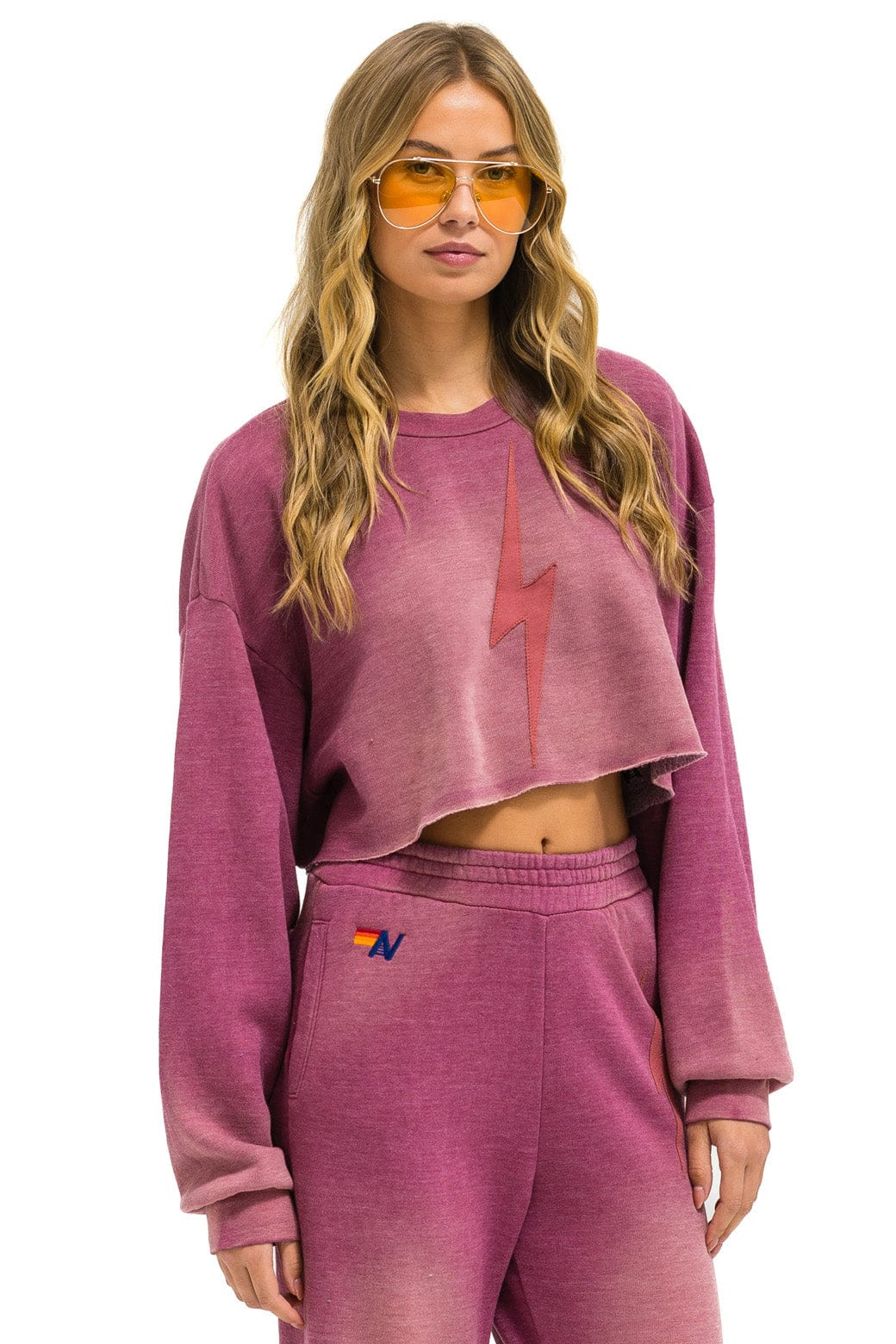 Aviator Nation BOLT STITCH CROPPED CREW SWEATSHIRT RELAXED - FADED BERRY