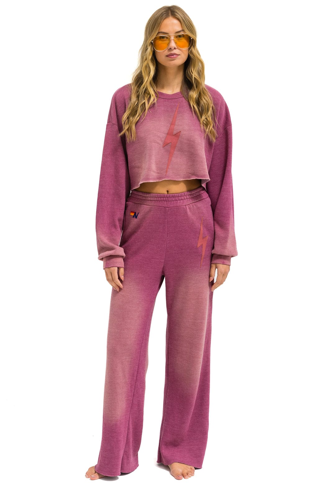 Aviator Nation BOLT STITCH CROPPED CREW SWEATSHIRT RELAXED - FADED BERRY