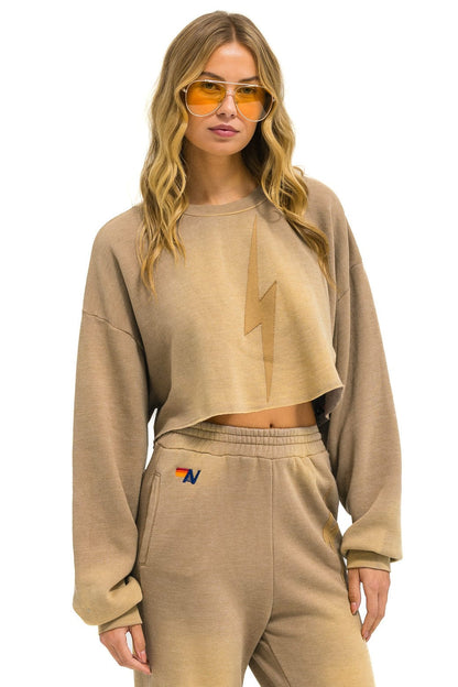 Aviator Nation BOLT STITCH CROPPED CREW SWEATSHIRT RELAXED - FADED TAN