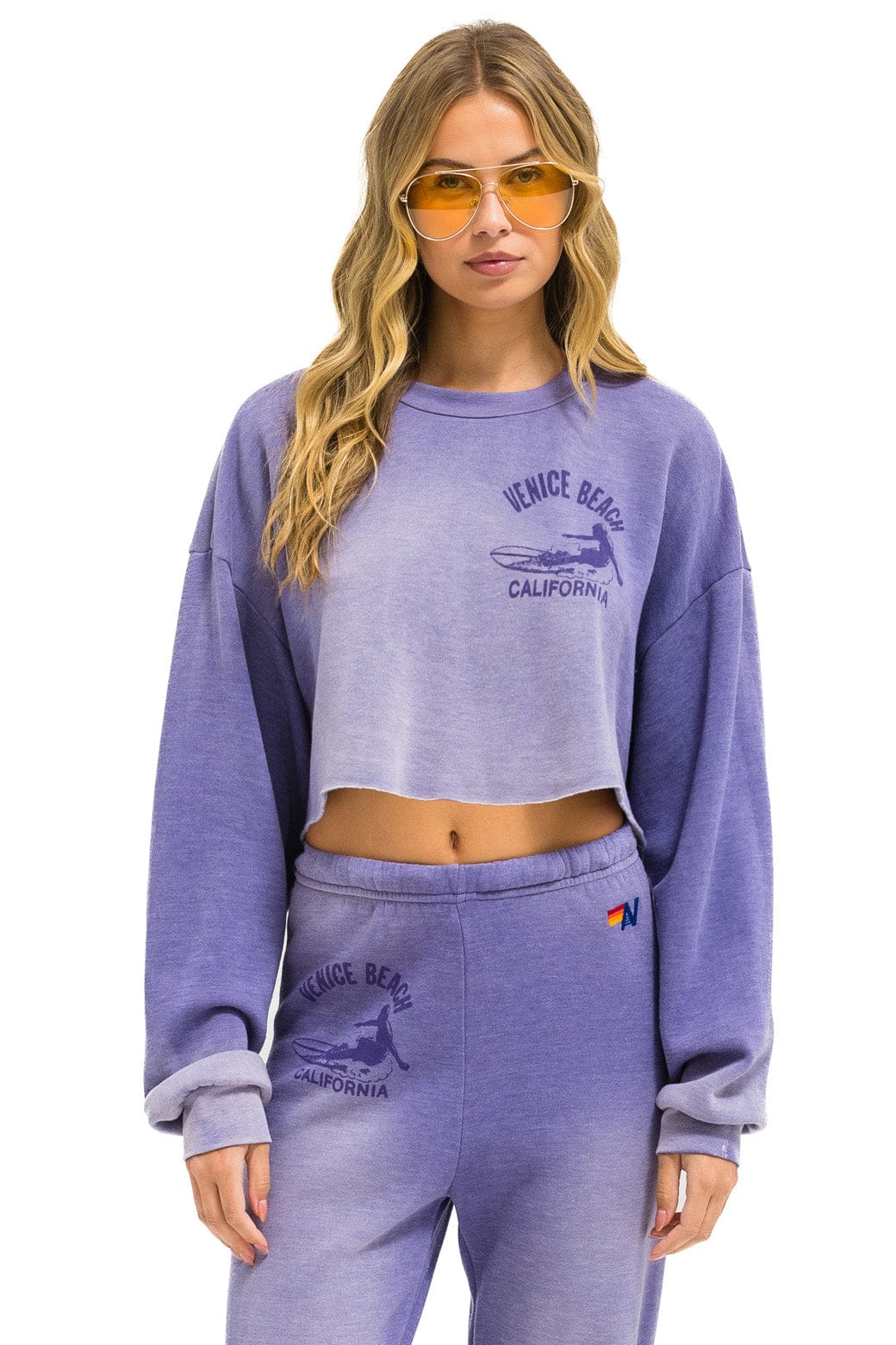 Aviator Nation VENICE SURFER CROPPED CREW SWEATSHIRT RELAXED - FADED GRAPE