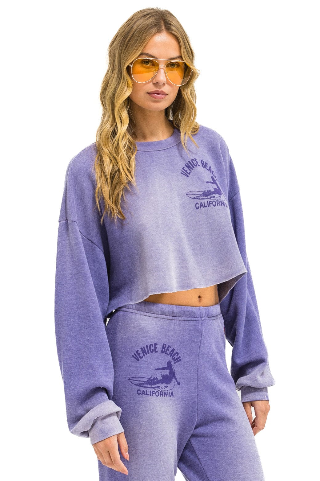 Aviator Nation VENICE SURFER CROPPED CREW SWEATSHIRT RELAXED - FADED GRAPE