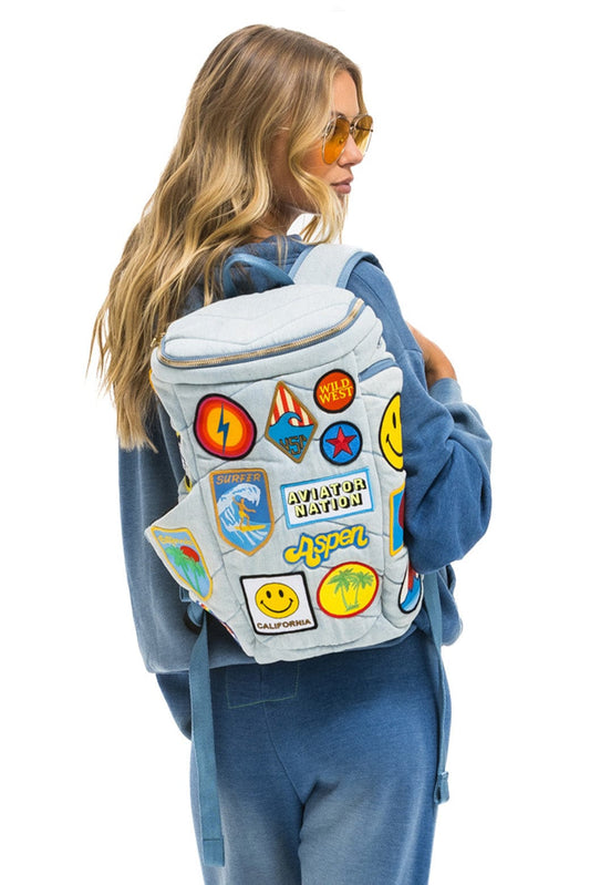 Aviator Nation VINTAGE PATCH DENIM PUFFER BACKPACK - SUPER LIGHT VINTAGE
