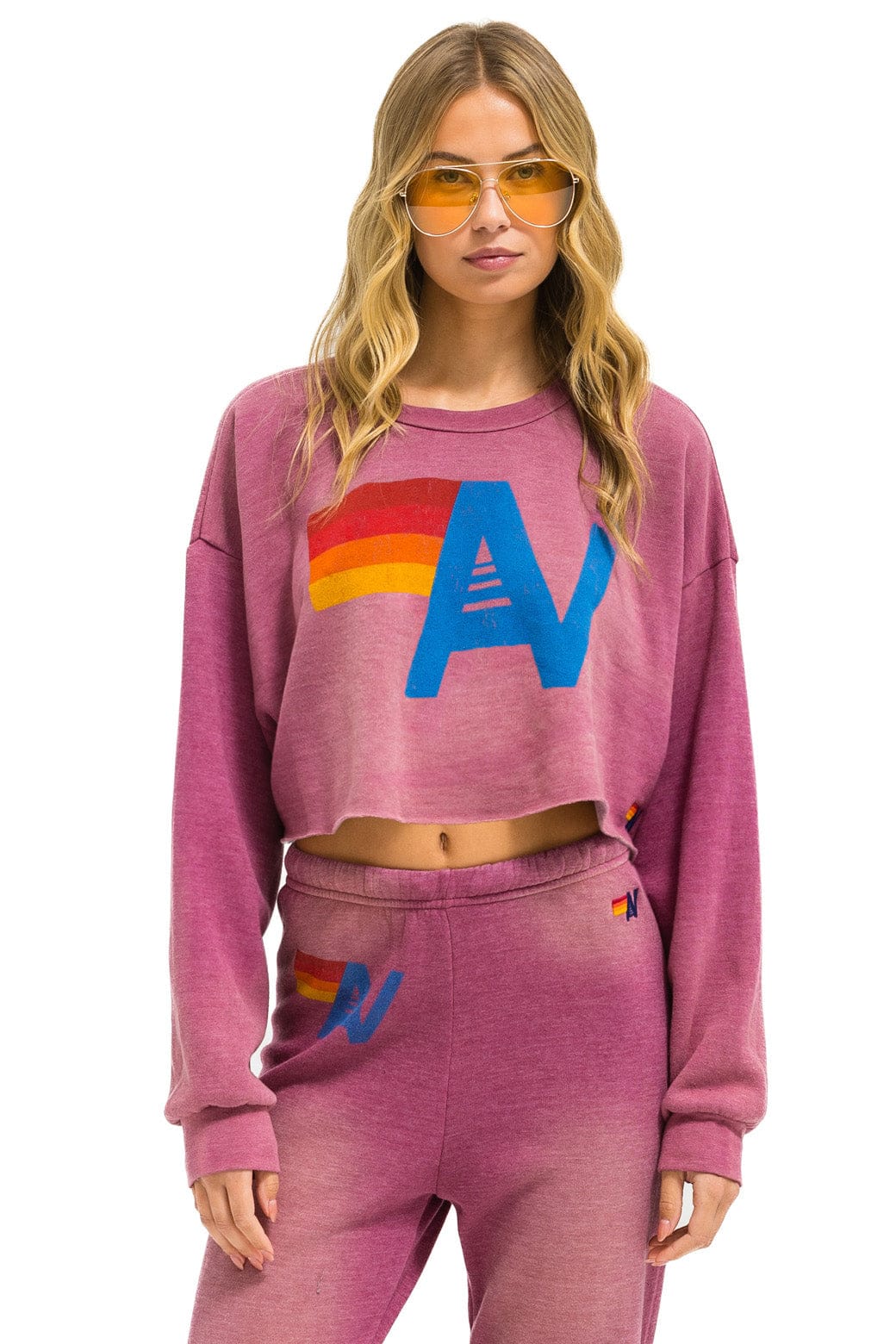 Aviator Nation VINTAGE LOGO CROPPED CREW SWEATSHIRT RELAXED - FADED BERRY