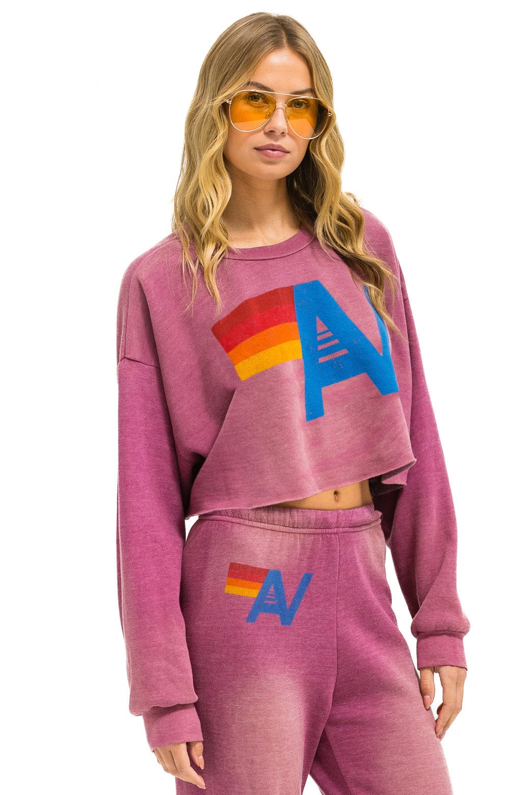 Aviator Nation VINTAGE LOGO CROPPED CREW SWEATSHIRT RELAXED - FADED BERRY