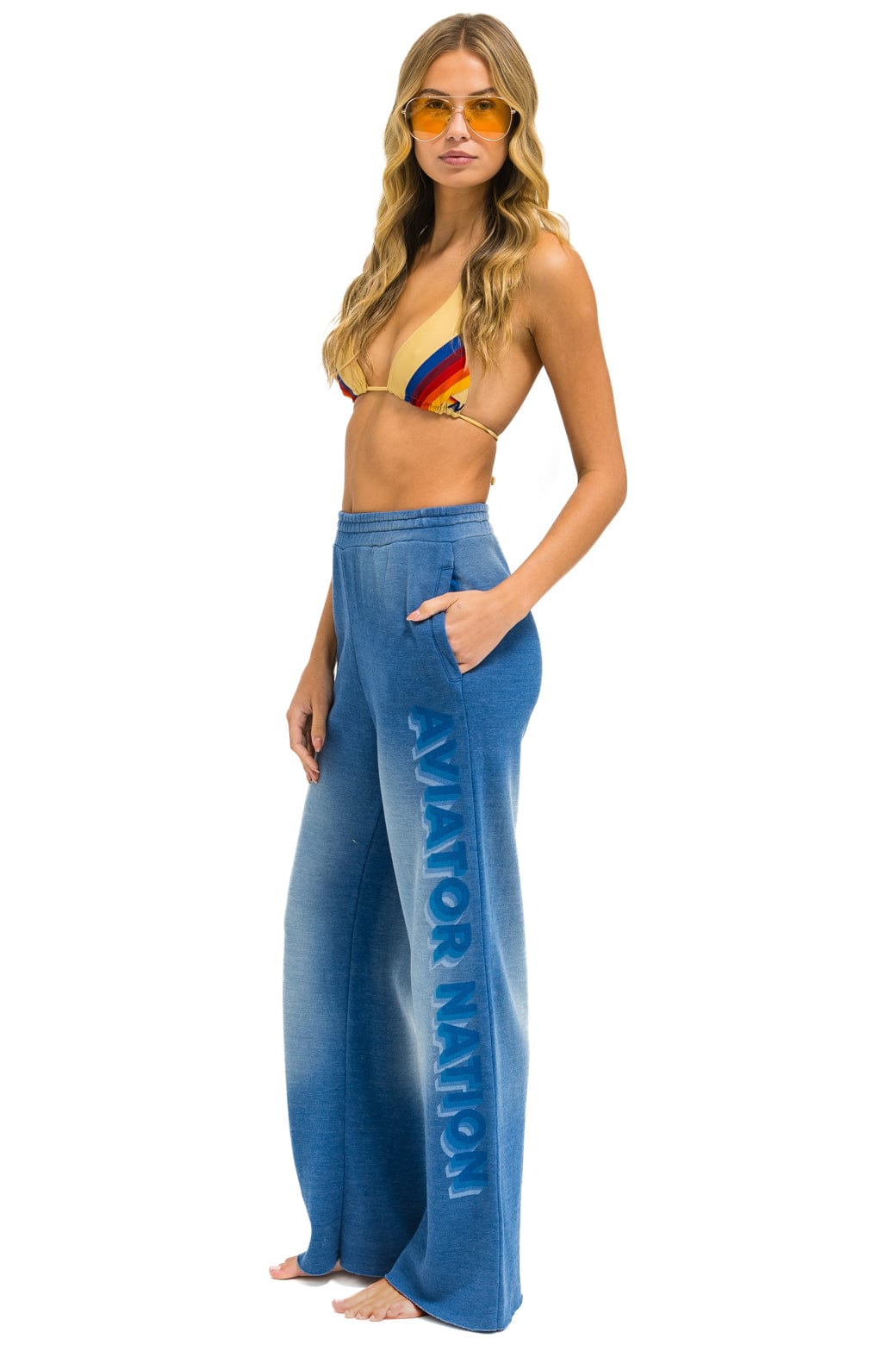 Aviator Nation AN 3D WIDE LEG POCKET SWEATPANTS - FADED WATER