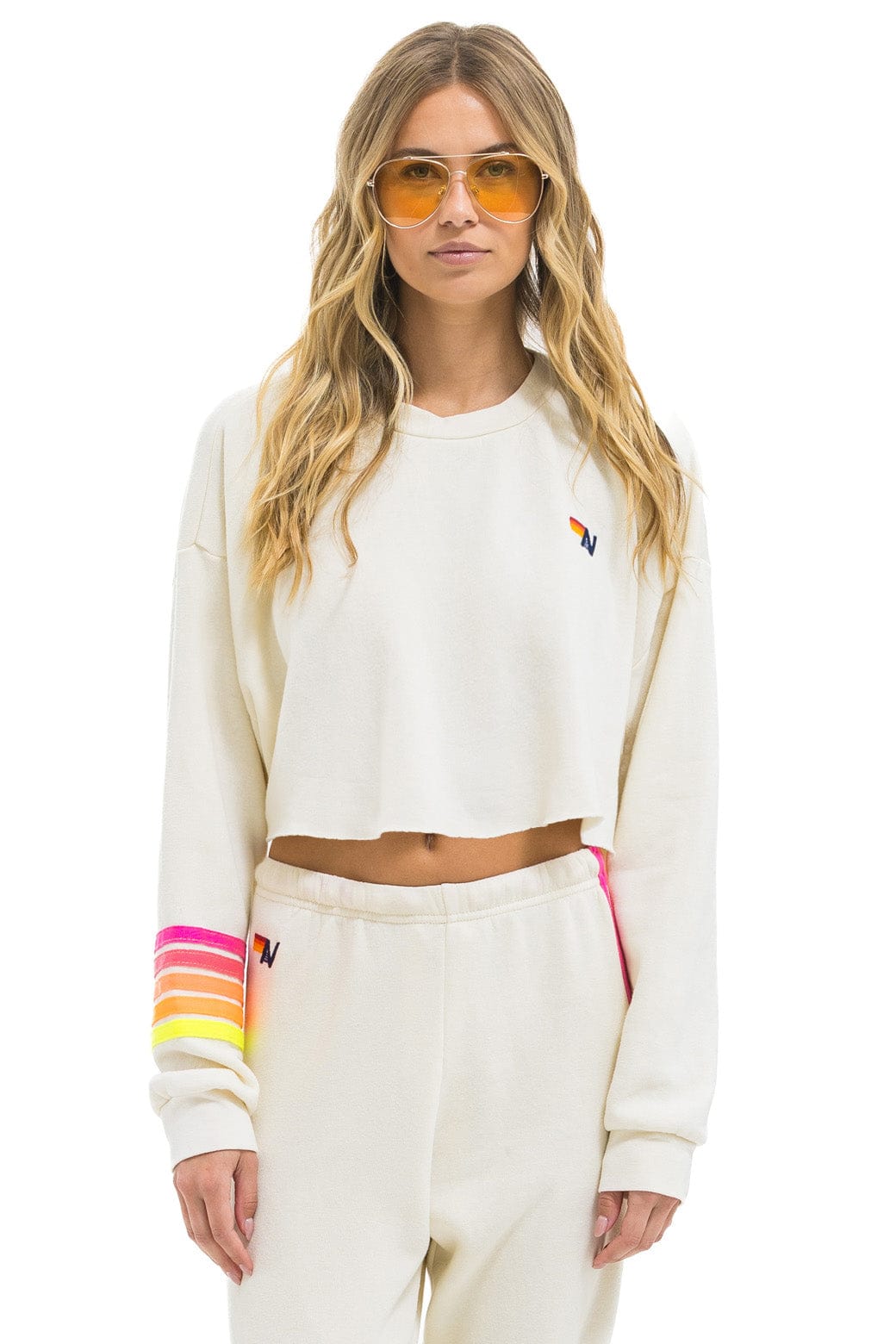 Aviator Nation RUGBY STITCH CROPPED CREW SWEATSHIRT RELAXED - VINTAGE WHITE // NEON