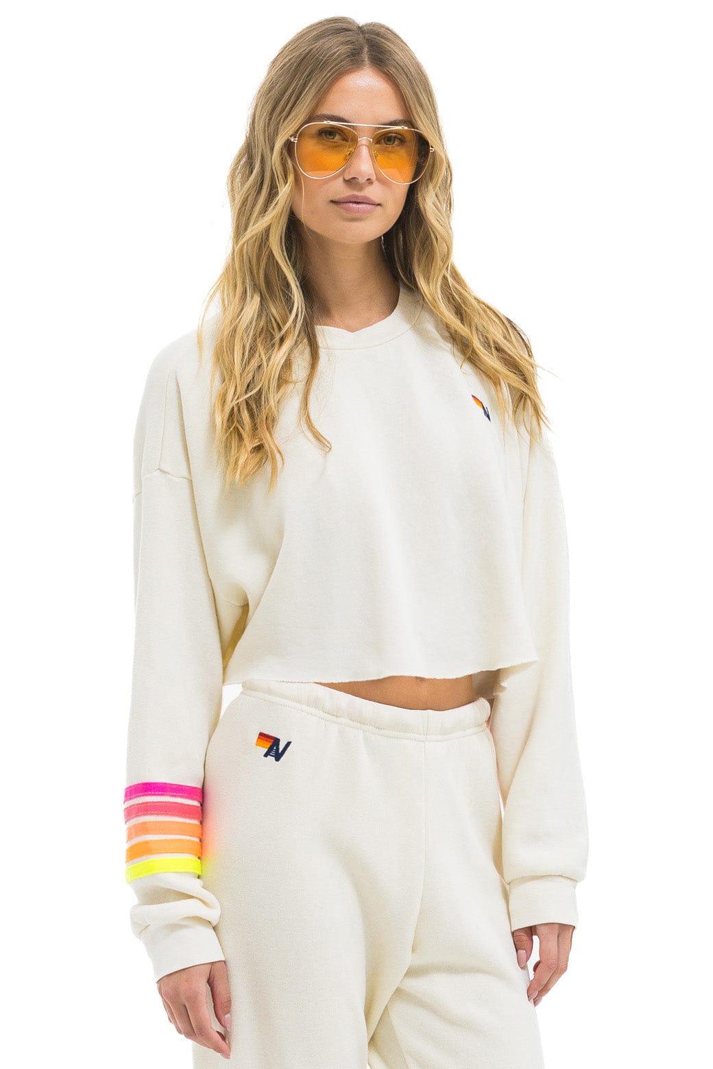 Aviator Nation RUGBY STITCH CROPPED CREW SWEATSHIRT RELAXED - VINTAGE WHITE // NEON