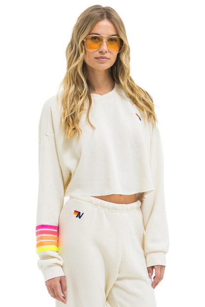 Aviator Nation RUGBY STITCH CROPPED CREW SWEATSHIRT RELAXED - VINTAGE WHITE // NEON