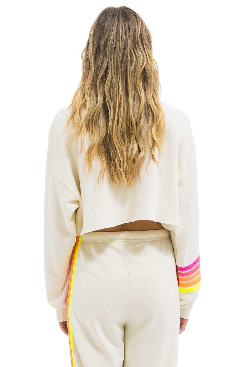 Aviator Nation RUGBY STITCH CROPPED CREW SWEATSHIRT RELAXED - VINTAGE WHITE // NEON