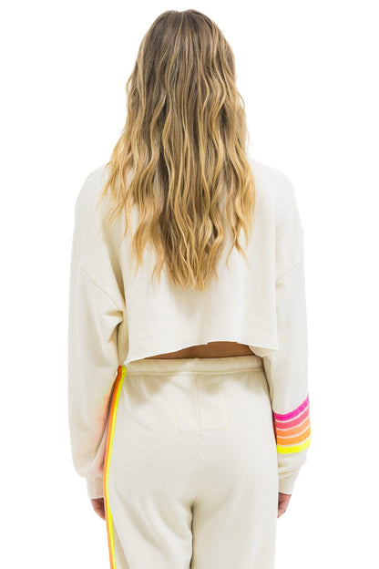 Aviator Nation RUGBY STITCH CROPPED CREW SWEATSHIRT RELAXED - VINTAGE WHITE // NEON