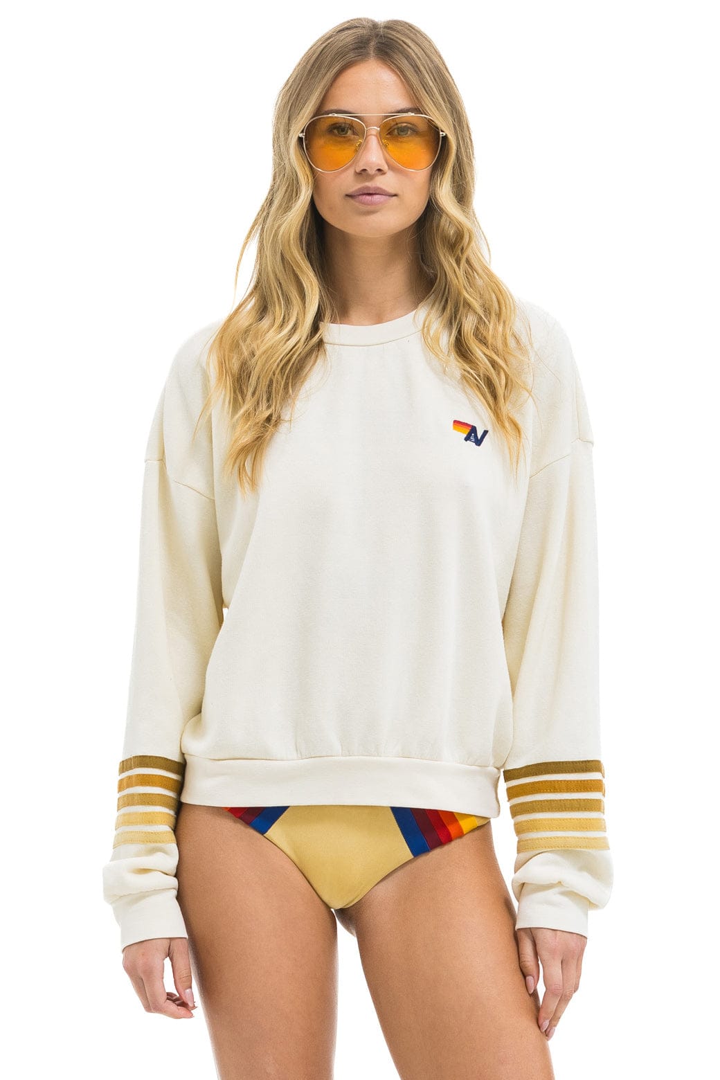 Aviator Nation RUGBY STITCH 2 RELAXED CREW SWEATSHIRT - VINTAGE WHITE // BROWN