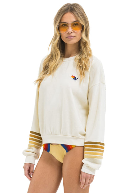 Aviator Nation RUGBY STITCH 2 RELAXED CREW SWEATSHIRT - VINTAGE WHITE // BROWN