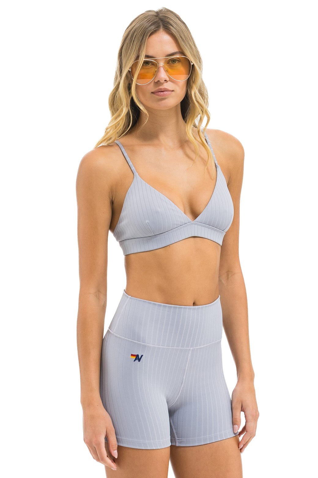 Aviator Nation WIDE RIB 4IN HI-RISE BIKER SHORT - LIGHT GREY