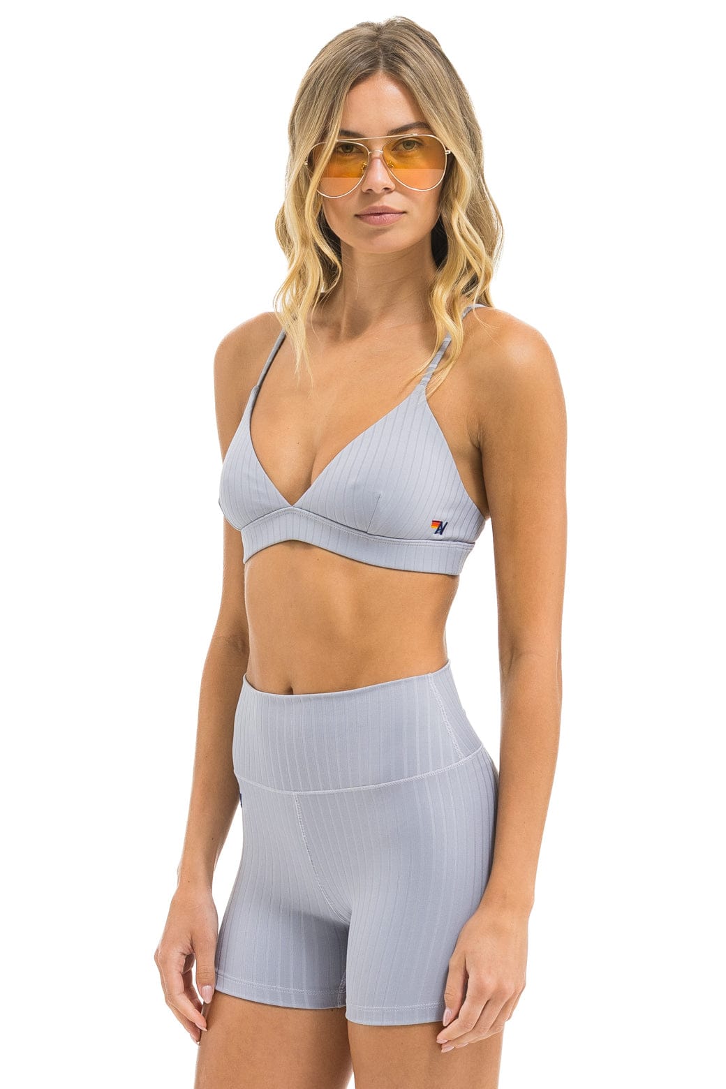 Aviator Nation WIDE RIB 4IN HI-RISE BIKER SHORT - LIGHT GREY
