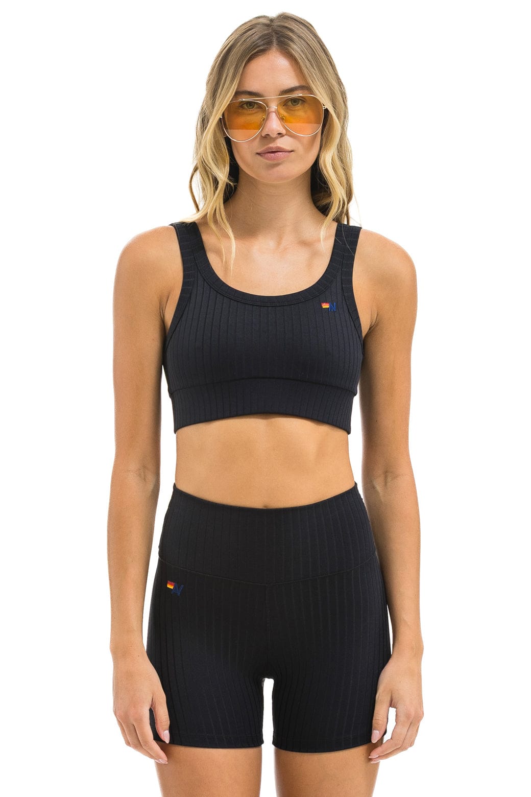 Aviator Nation WIDE RIB WOMEN'S SCOOP BACK SPORTS BRA - BLACK