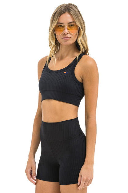 Aviator Nation WIDE RIB WOMEN'S SCOOP BACK SPORTS BRA - BLACK
