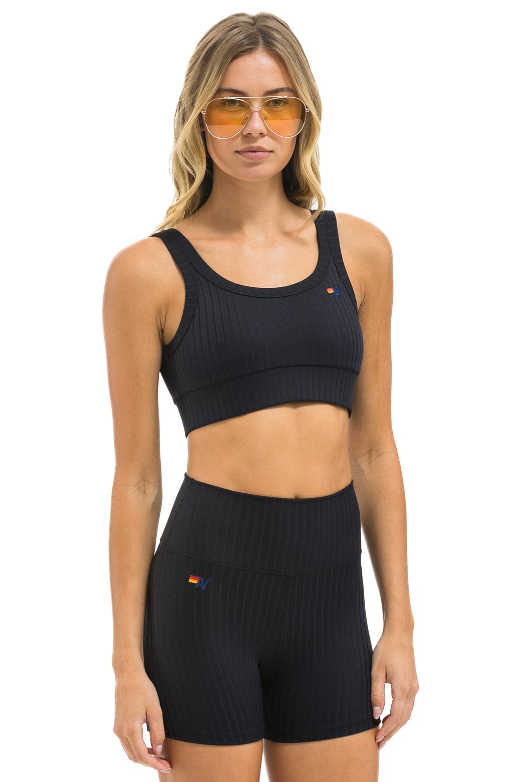 Aviator Nation WIDE RIB WOMEN'S SCOOP BACK SPORTS BRA - BLACK