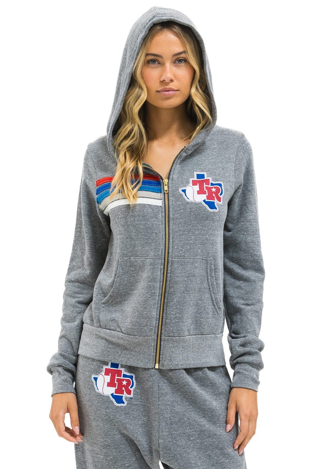 Aviator Nation TEXAS RANGERS 5 STRIPE ZIP HOODIE - HEATHER GREY // USA