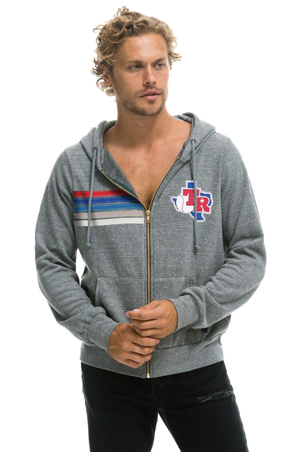 Aviator Nation TEXAS RANGERS 5 STRIPE ZIP HOODIE - HEATHER GREY // USA