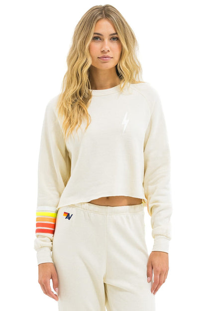 Aviator Nation BOLT RUGBY STITCH CROPPED CREW SWEATSHIRT - VINTAGE WHITE // WHITE NEON