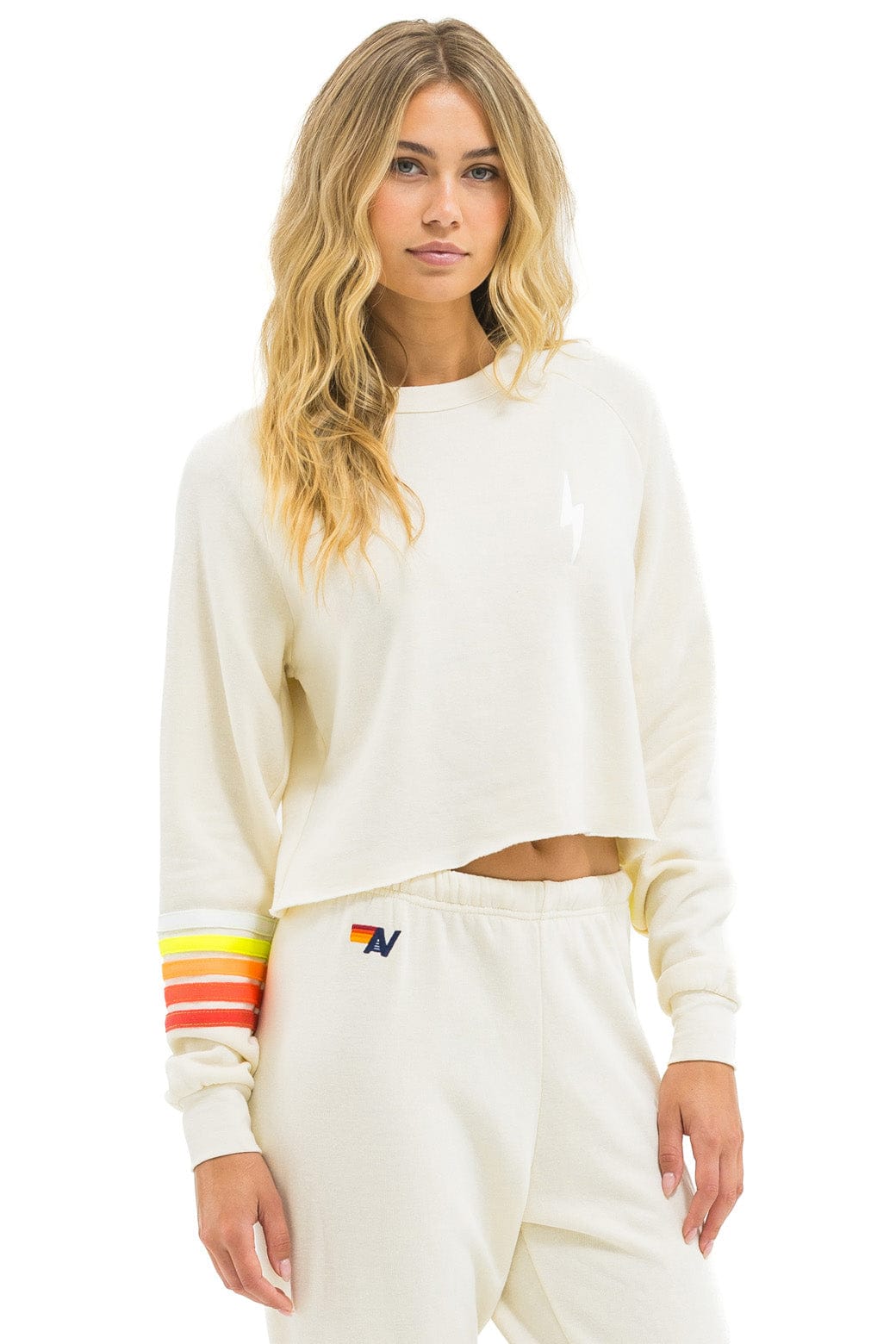Aviator Nation BOLT RUGBY STITCH CROPPED CREW SWEATSHIRT - VINTAGE WHITE // WHITE NEON