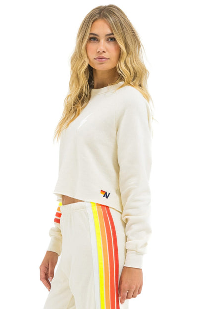 Aviator Nation BOLT RUGBY STITCH CROPPED CREW SWEATSHIRT - VINTAGE WHITE // WHITE NEON